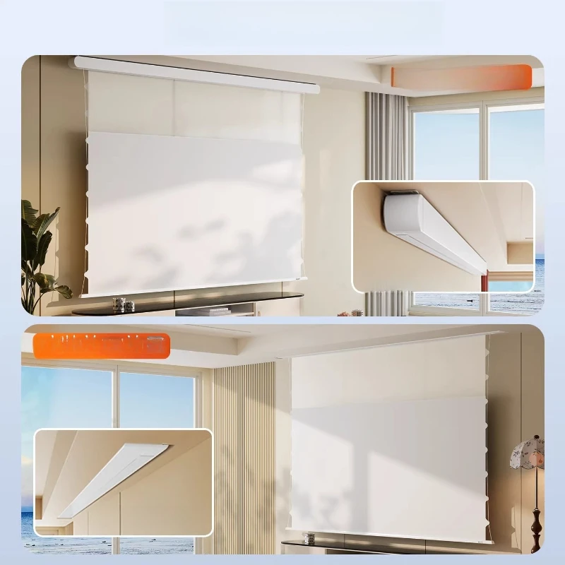Home Cinema Wall Lights - จอฉายภาพป้องกันแสงสะท้อนในบ้าน แบบฝังติดผนัง ยกไฟฟ้าอัตโนมัติ ขนาด 100/120/150 นิ้ว